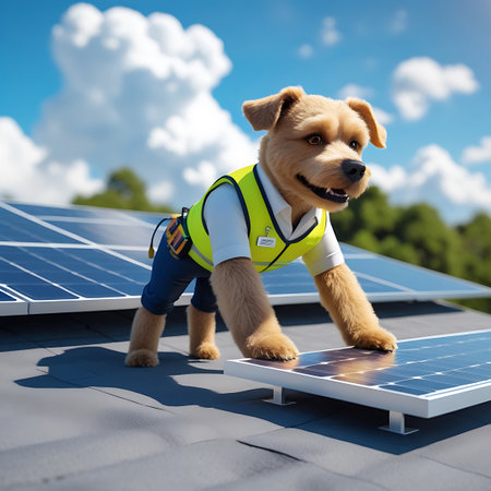 An anthropomorphic dog, appearing to be a golden retriever mix, is depicted on a rooftop, actively engaged with solar panels. The dog wears a white shirt, blue pants, and a yellow safety vest. It is shown in a walking or crawling posture, with its paws near a solar panel. The background features a bright blue sky with clouds and distant green trees, suggesting an outdoor installation or maintenance scenario.の素材