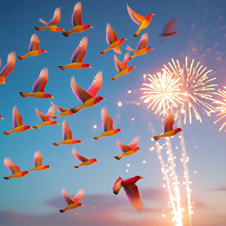 A large flock of vibrantly colored birds, predominantly red, yellow, and orange, are captured in mid-flight against a clear blue sky. Behind them, a brilliant fireworks display explodes with bright white and yellow sparks. The birds are in various poses, with wings spread, creating a sense of dynamic movement and freedom. The overall image is celebratory and visually striking.の素材