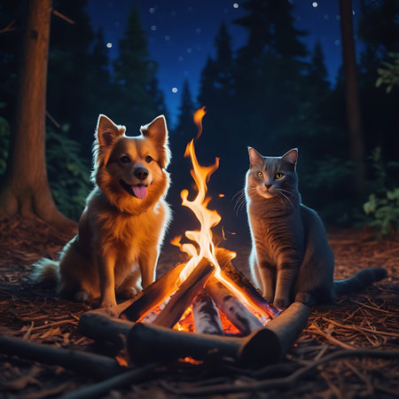 A golden-colored dog and a grey cat sit facing each other on the forest floor next to a crackling campfire. The fire illuminates their faces and the surrounding dry leaves and twigs. Tall, dark trees form the background, with a deep blue night sky dotted with faint stars visible above. The scene evokes a sense of peaceful coexistence and the warmth of a campfire in the wilderness.の素材