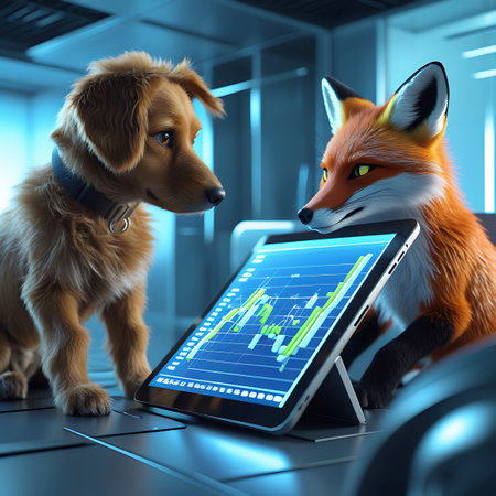 A golden retriever dog and a red fox are positioned in front of a tablet that displays colorful financial charts and graphs. They are in a modern office environment with blue ambient lighting. The animals are looking at the screen, suggesting a focus on business analysis, data interpretation, or a collaborative effort in finance.の素材