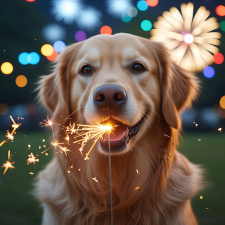 A close-up portrait of a golden retriever dog at night, with a lit sparkler held in its mouth. The sparkler is emitting bright, glowing sparks. The background features blurred colorful bokeh lights from fireworks and other festive elements. The dog appears excited and happy, with its mouth open around the sparkler.の素材