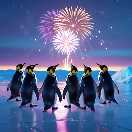A group of six emperor penguins stand on a frozen surface, looking up at a vibrant display of colorful fireworks illuminating the night sky. The scene is set against a twilight sky with scattered stars and a hint of aurora borealis. The ice beneath their feet reflects the light from the fireworks and the sky.の素材
