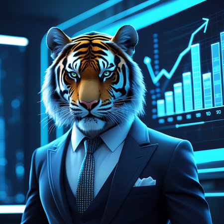 This image features an anthropomorphic tiger dressed in a sharp business suit and tie, its piercing green eyes focused forward. The background is dominated by a vibrant, glowing blue digital display showing financial charts and graphs, symbolizing market performance and economic data. The tiger's fierce expression combined with the business attire creates a powerful visual metaphor.の素材