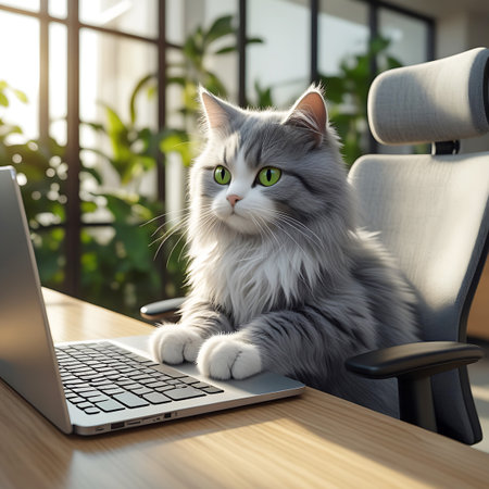 A fluffy grey and white cat with striking green eyes is seated at a wooden desk, its paws resting on an open laptop. The cat appears focused on the screen, suggesting it is working or browsing. The background shows a modern office environment with large windows, natural light, and greenery, creating a bright and airy atmosphere.の素材