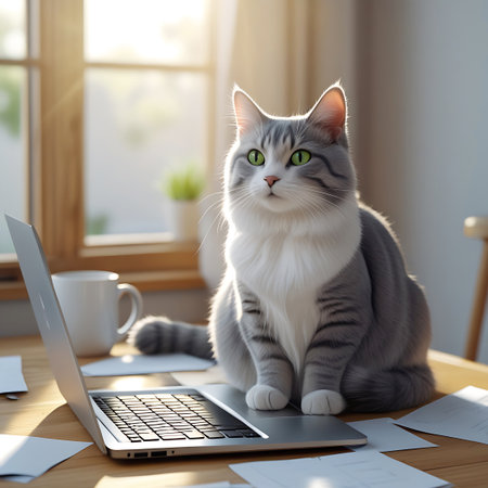 A fluffy grey and white tabby cat with striking green eyes is perched directly on the keyboard of an open laptop. The scene is set in a home office with sunlight streaming in from a window, illuminating the wooden desk and scattered papers. A white mug sits nearby, suggesting a work-in-progress environment. The cat appears calm and comfortable, blending into the workspace.の素材