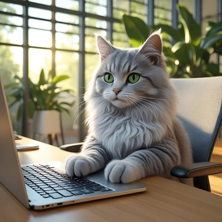 A fluffy grey cat with striking green eyes sits at a wooden desk, paws resting on a laptop keyboard as if typing. The cat is in a bright, modern office setting with large windows allowing natural sunlight to stream in, illuminating the workspace and potted plants.の素材