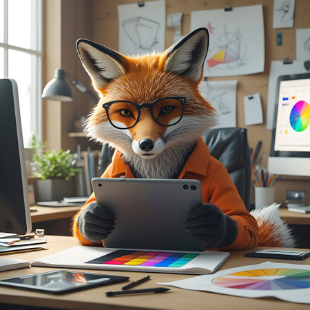 An anthropomorphic fox wearing glasses and an orange jacket is seated at a desk in a design studio, holding a tablet. The fox is focused on the tablet, which displays a colorful interface. The desk is cluttered with design materials, including a color swatch chart, a pie chart, pens, and pencils. Two computer monitors are visible, one displaying a color wheel and the other showing design-related content. The background features sketches on a wall and a window, creating a lively and artistic...の素材