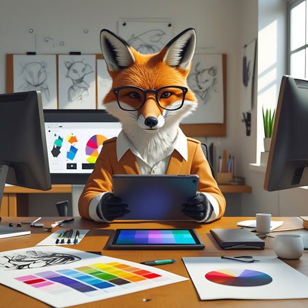 An anthropomorphic fox wearing glasses and an orange blazer over a white shirt sits at a wooden desk in a creative office. The fox holds a tablet and appears to be working on a design project. On the desk are various design tools including a color palette, charts, sketches, pencils, and pens. Two computer monitors are visible, one displaying a pie chart and the other showing design elements. The background includes sketches pinned to a board and a window, suggesting a vibrant and productive...の素材