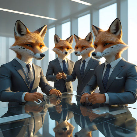 Table showing four anthropomorphic foxes in business suits gather around a reflective table. High resolution image suitable for commercial use. Clear details and vibrant colors enhance visual appeal.の素材