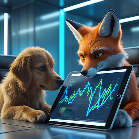 A close-up view of a red fox and a golden retriever dog examining a tablet screen filled with stock market charts and graphs. The scene is set in a modern office with cool blue lighting. The animals' expressions suggest concentration and engagement with the financial data presented on the digital display.の素材