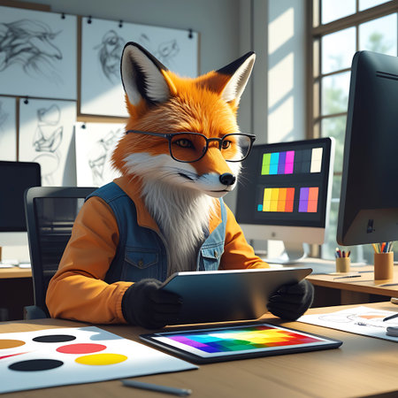 An anthropomorphic fox wearing glasses, a denim vest over an orange jacket, sits at a desk in a design studio, holding a tablet. The fox is engaged with the tablet, which displays a colorful interface. The desk is covered with design elements such as a color palette, circular color swatches, pens, and pencils. Two computer monitors are in view, one showing a grid of colorful squares and the other displaying design-related content. Sketches are pinned to the wall in the background,...の素材