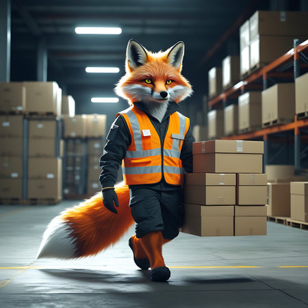 An anthropomorphic fox, dressed in a grey shirt, an orange safety vest with reflective detailing, dark grey work pants, and black boots, walks through a warehouse. The fox is carrying a stack of five cardboard boxes. The warehouse environment features extensive shelving units laden with numerous boxes, suggesting a large-scale storage and logistics operation. Overhead lights provide illumination for the industrial setting.の素材