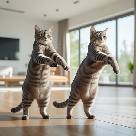 Two grey tabby cats are captured in a playful pose, standing upright on their hind legs with their front paws extended forward. They are positioned in a bright, sunlit room with a polished wooden floor. In the background, a large window reveals trees and a hint of the outdoors, while indoor furniture and curtains suggest a comfortable home environment. The cats have green eyes and are looking towards the viewer.の素材
