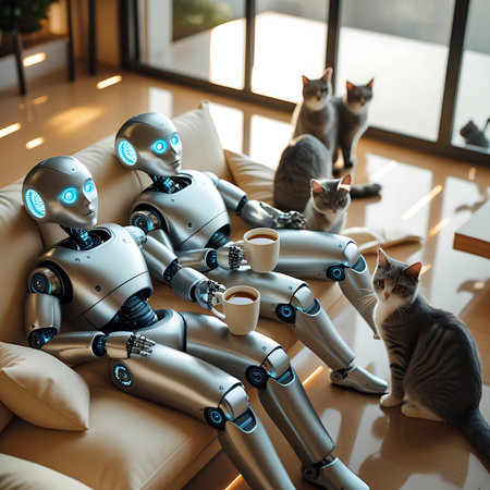 Two metallic humanoid robots are seated side-by-side on a light-colored sofa, each holding a white coffee cup. Several cats are also present in the room, some on the sofa and one on the floor. The robots have glowing blue eyes. The scene is bathed in natural sunlight streaming in from large windows, illuminating a modern interior space.の素材