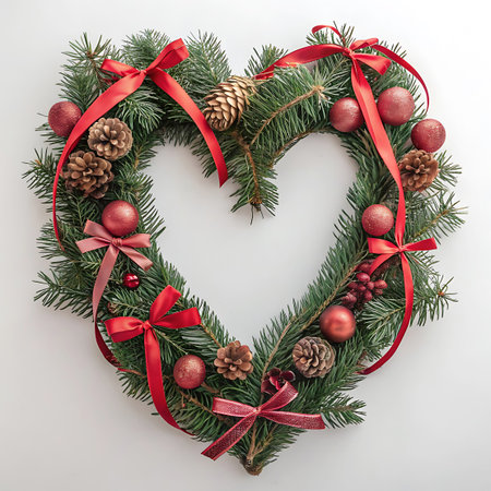 This is a heart-shaped holiday wreath made primarily of dark green pine or fir branches.

The wreath is generously decorated with festive elements:

Red Ribbons: Several thin, brigの素材