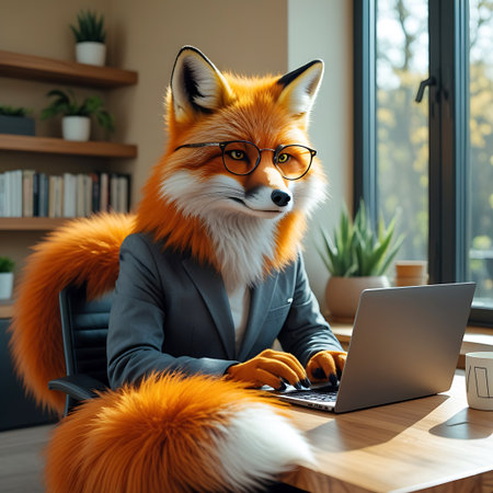 An anthropomorphic fox with vibrant orange fur, sporting glasses and a grey suit jacket, is engaged in typing on a laptop at a wooden desk. The fox's fluffy white chest and large bushy tail are visible. The office environment features a window with greenery outside, a bookshelf with plants, and a white mug on the table.の素材