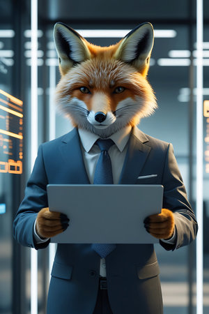 An anthropomorphic fox wearing a dark grey suit and a blue tie stands in a modern office, holding a silver tablet in its hands. The fox has bright orange fur, a white shirt, and black gloves. The background is blurred, showing vertical lines of light and a hint of technology, suggesting a high-tech corporate environment.の素材