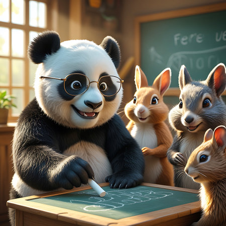 A friendly panda wearing round glasses is actively teaching a group of young animals, including rabbits and a hedgehog, in a classroom. The panda holds a piece of chalk, gesturing towards a green blackboard with some writing on it. The animals are gathered around a wooden desk, looking engaged and curious. The background shows bookshelves and a window, creating a warm and inviting learning environment.の素材