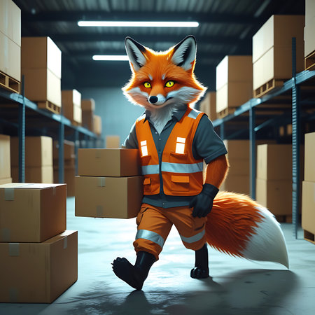An anthropomorphic fox wearing a grey shirt, an orange high-visibility safety vest, orange work pants, black gloves, and black boots is depicted in a warehouse. The fox is carrying two stacked cardboard boxes. The background shows rows of shelves filled with boxes, typical of a storage or distribution center. The lighting is functional, illuminating the industrial space.の素材