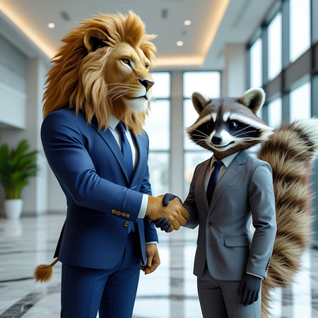 In a well-lit office lobby, an anthropomorphic lion in a blue suit and a raccoon in a grey suit are engaged in a handshake. Both animals have realistic heads and wear formal business attire. The background features large windows and a sleek interior design, emphasizing a professional and collaborative business atmosphere. The handshake signifies a partnership or agreement between the two figures.の素材