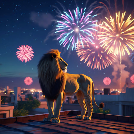 A majestic lion stands on a dark rooftop, its gaze directed towards a spectacular fireworks display that fills the night sky. The fireworks are a vibrant mix of pink, blue, and yellow, casting a festive glow over the cityscape below. The lion's powerful silhouette is a striking contrast to the illuminated urban environment.の素材