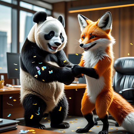A cartoon panda and a cartoon fox are joyfully dancing together in a modern office setting. Confetti is falling around them, suggesting a celebration or a moment of success. The panda and fox are holding hands and appear very happy. The background shows an office with desks, chairs, and a large window with a city view.の素材
