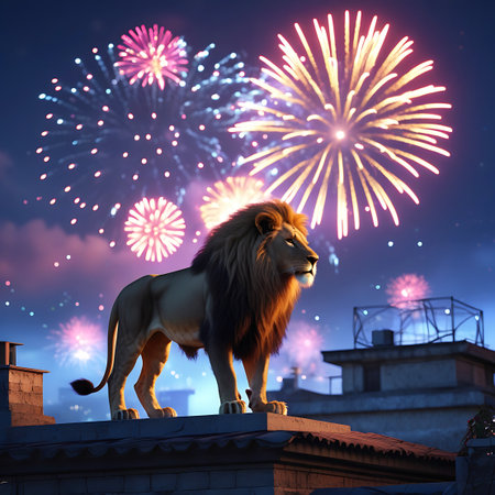 A majestic lion stands on the edge of a building's rooftop, its gaze fixed on a dazzling fireworks display. The night sky is filled with bursts of pink and yellow light, creating a festive and celebratory atmosphere. The lion's silhouette is prominent against the illuminated sky, highlighting its powerful presence.の素材