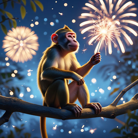 A monkey is positioned on a tree branch, holding a lit sparkler. In the background, fireworks illuminate the dark night sky with bursts of light and color. The scene evokes a festive and celebratory atmosphere.の素材