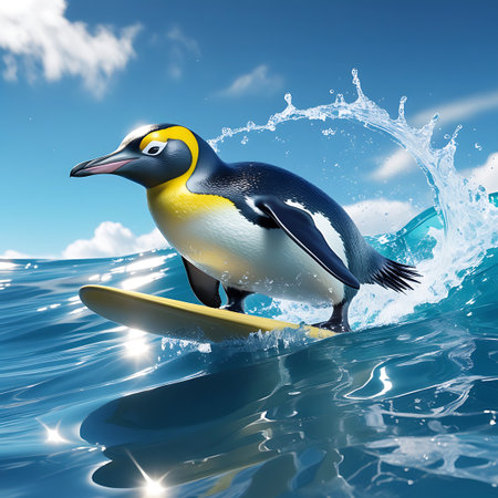 A king penguin is shown actively surfing a blue ocean wave on a yellow surfboard. Water splashes and spray are visible around the penguin and the board, indicating movement and excitement. The sky is blue with scattered clouds, suggesting a bright, sunny day. The image captures a moment of fun and adventure.の素材
