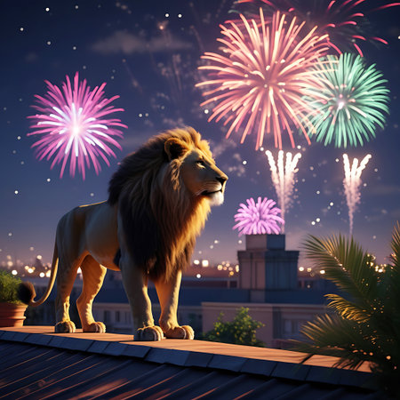 A regal lion stands on a dark rooftop, its profile silhouetted against a vibrant fireworks display that explodes across the night sky. The city lights twinkle in the background, adding depth to the urban landscape. The fireworks are a mix of pink, green, and yellow, illuminating the scene with a festive glow.の素材