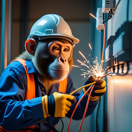 A monkey, dressed in a blue shirt, orange safety vest, and yellow gloves, is depicted as an electrician. The monkey wears a white hard hat and is shown connecting wires, creating a shower of sparks at an electrical panel. The lighting is predominantly blue, highlighting the action.の素材