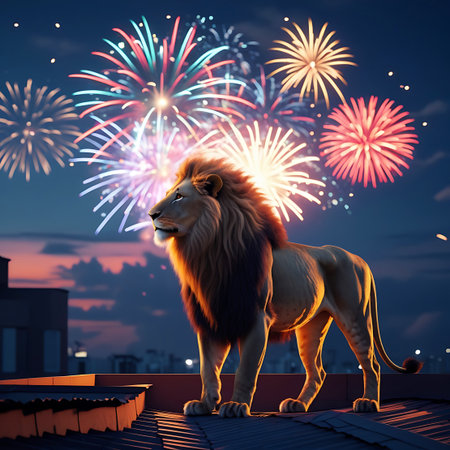 A magnificent lion with a full mane stands on a dark rooftop, gazing at a spectacular fireworks display in the night sky. The fireworks explode in a vibrant array of colors, casting a warm glow on the lion and the surrounding cityscape. The scene captures a moment of regal observation amidst a festive celebration.の素材