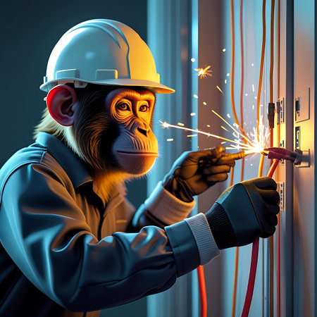 A monkey wearing a white hard hat, a grey work shirt, and black gloves is shown performing electrical work. Sparks are visible as the monkey connects wires to an electrical panel, holding red cables. The scene is illuminated by blue light, with a dark, vertical background.の素材