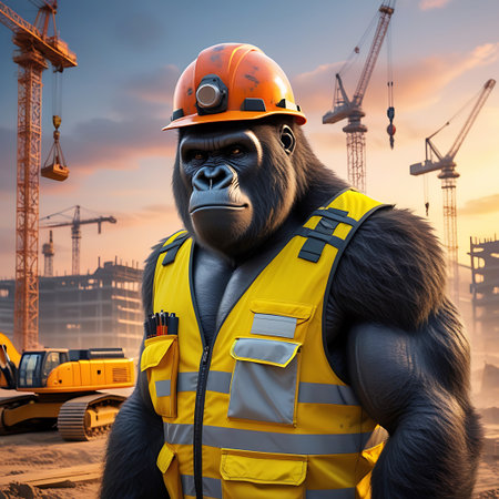An anthropomorphic gorilla, depicted with significant muscle definition, is dressed as a construction worker. It wears an orange hard hat and a yellow high-visibility vest with multiple pockets holding tools. The background shows a busy construction site with multiple cranes and partially built structures under a cloudy sky, emphasizing the industrial environment and the gorilla's role within it.の素材