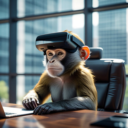 A monkey wearing a virtual reality headset sits at a wooden desk in an office, looking towards an open laptop. The monkey has light brown fur and is positioned in a black executive chair. The background shows large windows with a blurred view of city buildings. This image combines elements of technology, business, and animal anthropomorphism, suggesting a narrative about the integration of advanced technology into everyday or professional life.の素材
