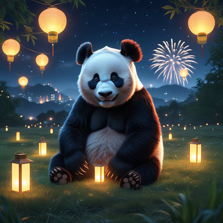 A charming panda bear is sitting in a grassy field during the night, under a sky dotted with stars and illuminated by a firework display. The scene is lit by numerous glowing lanterns, both overhead and on the ground, casting a warm and inviting light. The panda is the central focus, looking relaxed and content in the festive environment.の素材