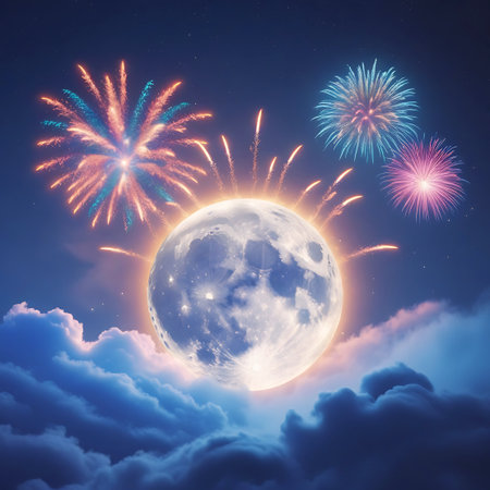 The full moon, glowing with an ethereal light, is encircled by a dynamic fireworks show against a deep, starry night sky. Wispy, dark blue clouds drift below, adding depth and texture to the scene. The combination of the moon and fireworks creates a spectacular and festive visual.の素材