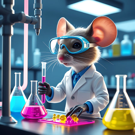 A mouse dressed as a scientist, complete with a lab coat and goggles, is in a laboratory. It holds a test tube filled with pink liquid and is looking at a tray with small yellow spheres. Various beakers and lab equipment are visible.の素材
