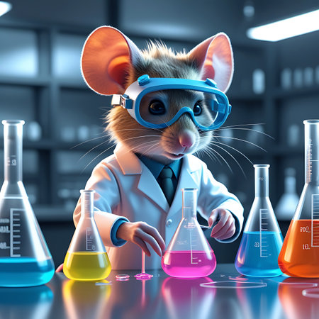 A mouse wearing a lab coat and safety goggles is in a laboratory setting. It is holding a stirring rod and interacting with beakers filled with colorful liquids, including pink, yellow, and blue. The background shows shelves with more lab equipment.の素材