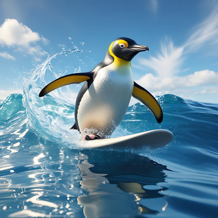 A penguin is shown skillfully balancing on a surfboard as it rides a large ocean wave. Water is splashing dramatically around the board and the penguin, highlighting the motion and energy of the scene. The background features a clear blue sky with fluffy white clouds. This image depicts a playful and adventurous scenario.の素材