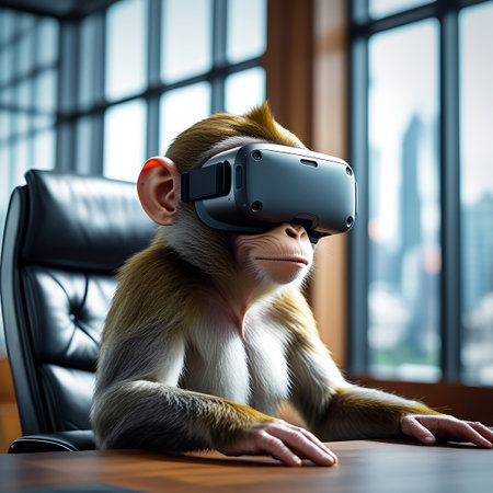 A monkey wearing a virtual reality headset is seated in a black leather office chair at a wooden desk. The monkey has brown and tan fur and is looking forward. In the background, large windows reveal a blurred view of a modern city with skyscrapers. The scene suggests a blend of technology and nature, with the animal engaging in a futuristic activity within a professional setting.の素材