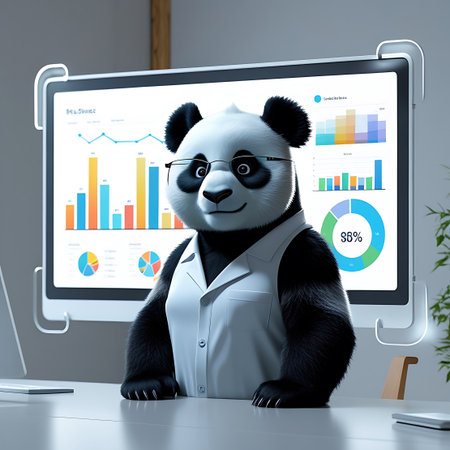 An anthropomorphic panda wearing glasses and a white lab coat stands in front of a large computer monitor displaying various charts and graphs. The screen shows bar charts, a pie chart, and a donut chart with percentages. The panda has a friendly expression and appears to be presenting or analyzing the data. The setting is an office environment with a desk and a plant.の素材