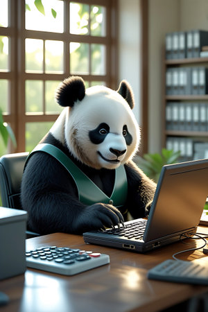 A panda bear is sitting at a desk and typing on a laptop. It is wearing a green vest. A calculator and other office items are on the desk. Sunlight streams in from a window in the background, illuminating the office environment.の素材