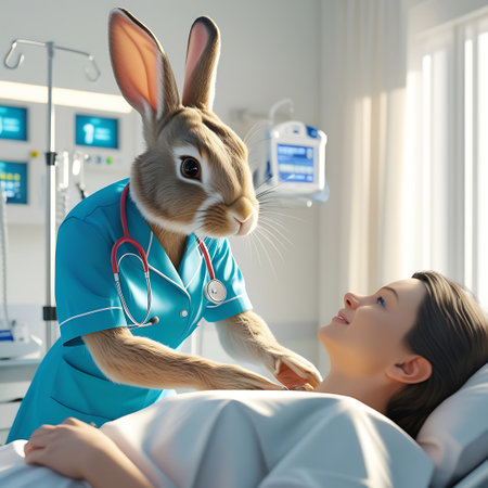 An anthropomorphic rabbit wearing a blue nurse's uniform and a stethoscope is shown in a hospital setting. The rabbit is looking at and gently touching a female patient who is lying in a hospital bed. Medical equipment is visible in the background, and the room is illuminated by soft light. The image portrays a moment of care and medical attention.の素材