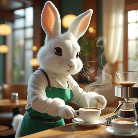 A white rabbit, acting as a barista and wearing a green apron over a white shirt, is shown preparing coffee using a pour-over brewing method. Hot steam rises from the cup as the coffee drips from the brewer. The rabbit's paws are positioned near the cup and brewer. The scene is set in a cozy cafe with wooden surfaces and soft, ambient lighting.の素材