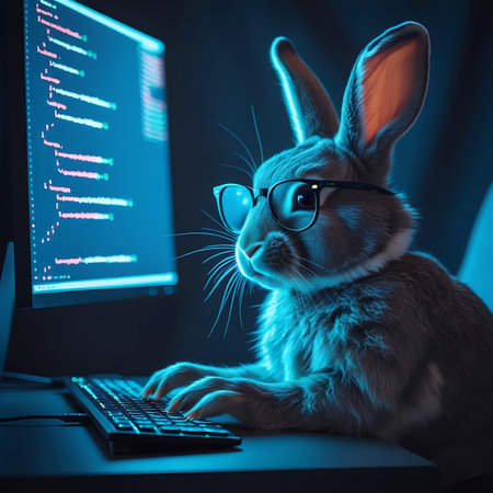 A side profile of a brown rabbit wearing black-rimmed glasses, its paws actively typing on a computer keyboard. The rabbit is focused on the computer screen, which displays scrolling lines of code. The scene is illuminated by the blue light of the monitor, creating a tech-focused atmosphere.の素材