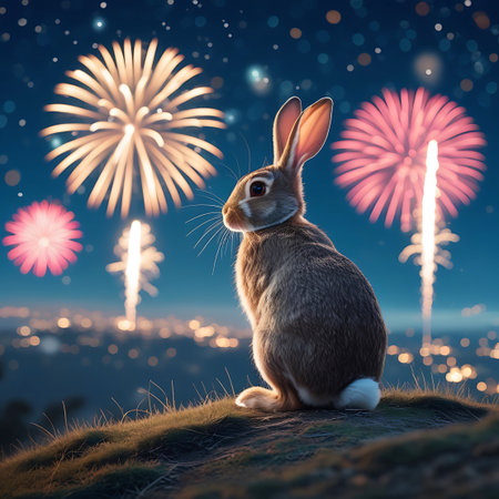 A small rabbit sits on a grassy hilltop, silhouetted against a dark night sky filled with a vibrant fireworks display. The colorful explosions of light illuminate the sky above a distant city skyline twinkling with numerous lights. The scene evokes a sense of wonder and celebration.の素材