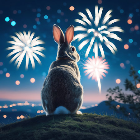 A rabbit is seen from behind, sitting on a grassy mound and looking out at a spectacular fireworks display in the dark night sky. The bright bursts of light from the fireworks create a festive atmosphere, with the distant glow of a city visible below.の素材