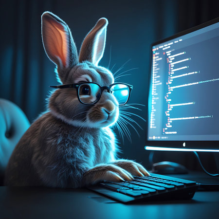 A brown rabbit wearing black-rimmed glasses is engrossed in typing on a computer keyboard. The scene is dimly lit, with the blue glow of the computer monitor illuminating the rabbit's face and fur. Lines of code are visible on the screen, suggesting a focus on programming or digital work.の素材