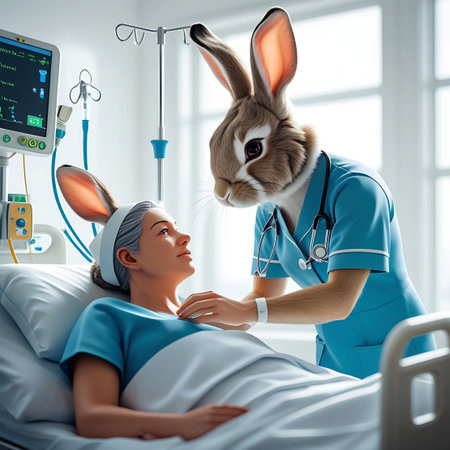 A rabbit dressed as a nurse, complete with a stethoscope, leans over a patient in a hospital bed, touching the patient's forehead. The patient, a woman with short gray hair, looks up at the nurse with a gentle expression. Medical equipment, including a vital signs monitor and an IV drip, are present in the scene.の素材